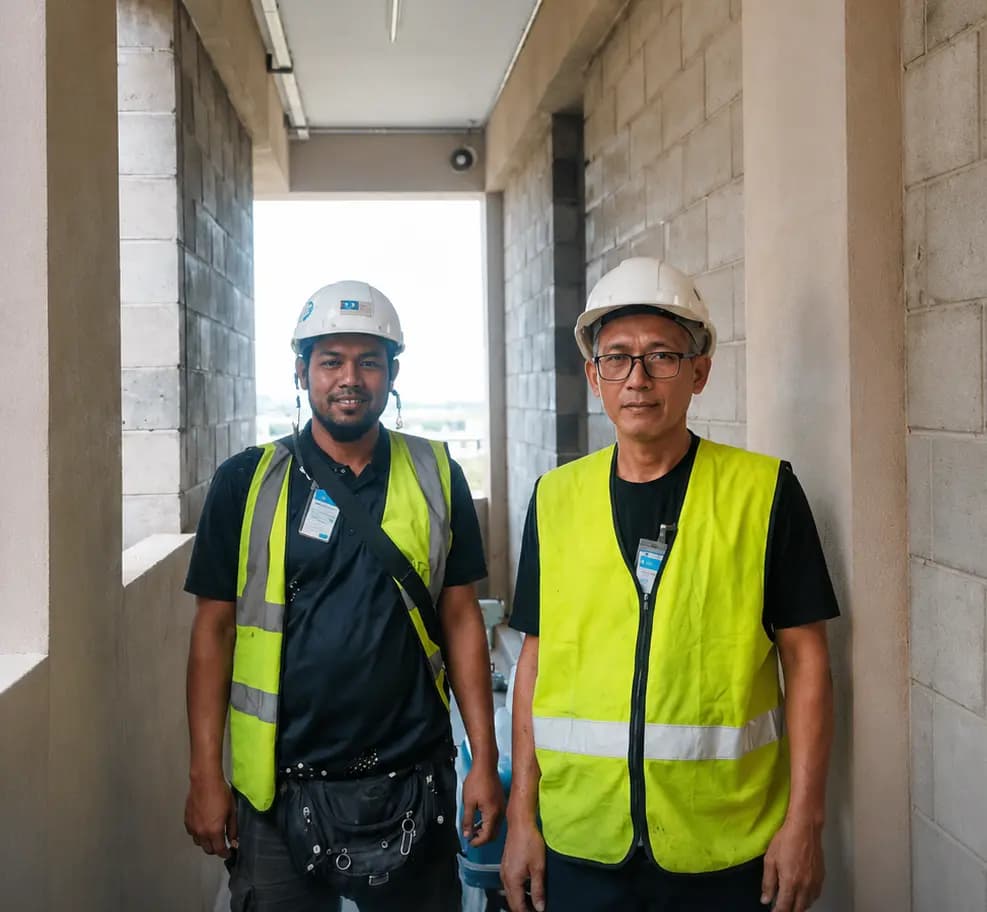 PBSB technicians on site beneath an installed Wi-Fi access point: network facilities for Wi-Fi connectivity